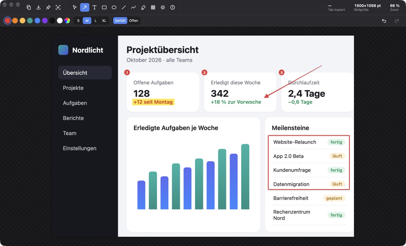 Der Screeni-Editor mit einem Pfeil, einem roten Rahmen, nummerierten Markierungen und gelbem Textmarker auf einer Projektübersicht
