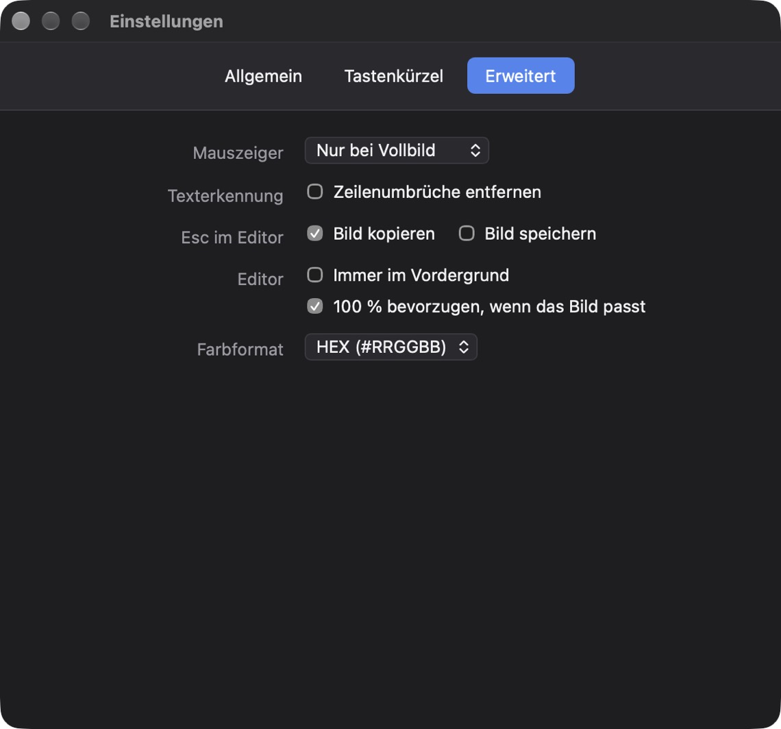 Einstellungen, Reiter Erweitert: Mauszeiger, Texterkennung, Esc-Verhalten, Farbformat