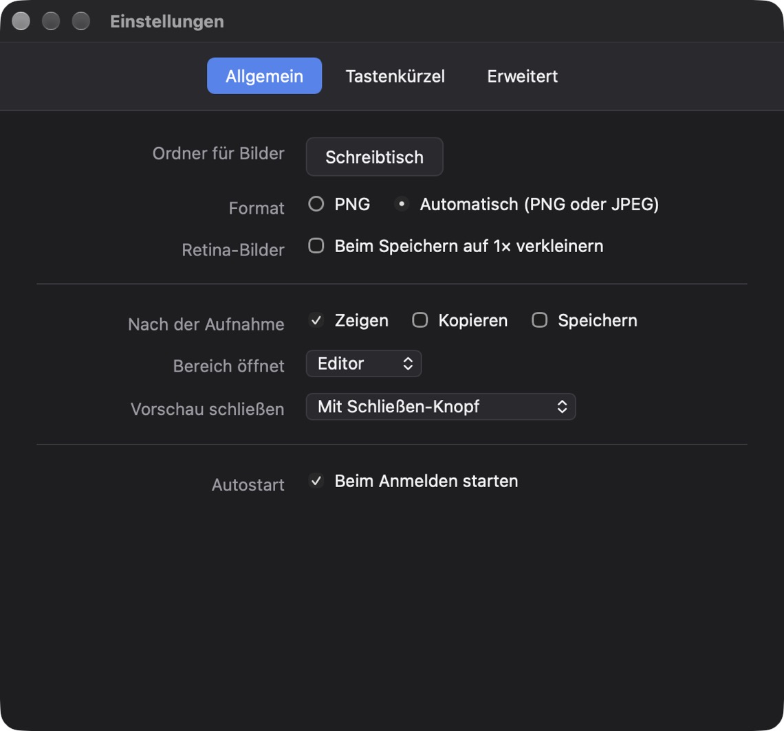 Einstellungen, Reiter Allgemein: Ordner, Format, Verhalten nach der Aufnahme, Autostart