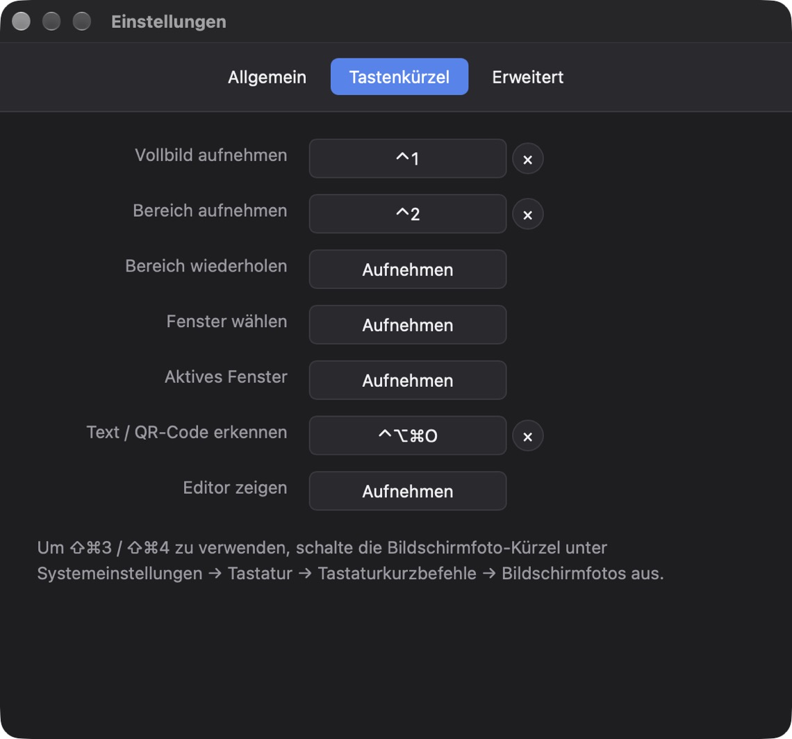 Einstellungen, Reiter Tastenkürzel mit Feldern für alle Aufnahmearten